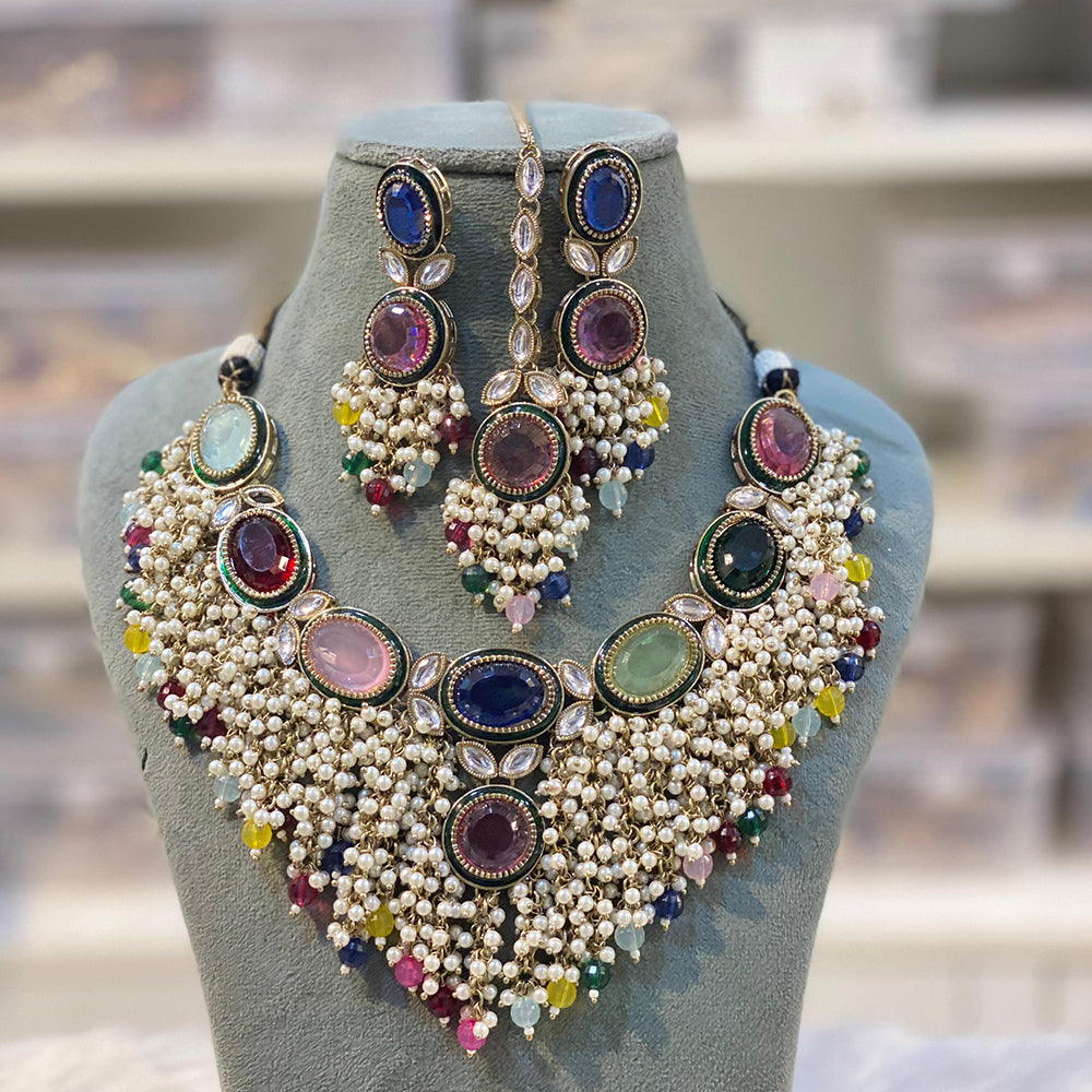 Hira Collection Luxurious Kundan Stone Pearl And Beads Necklace Set