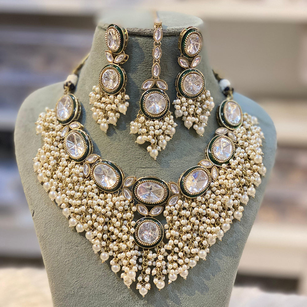 Hira Collection Luxurious Kundan Stone Pearl And Beads Necklace Set