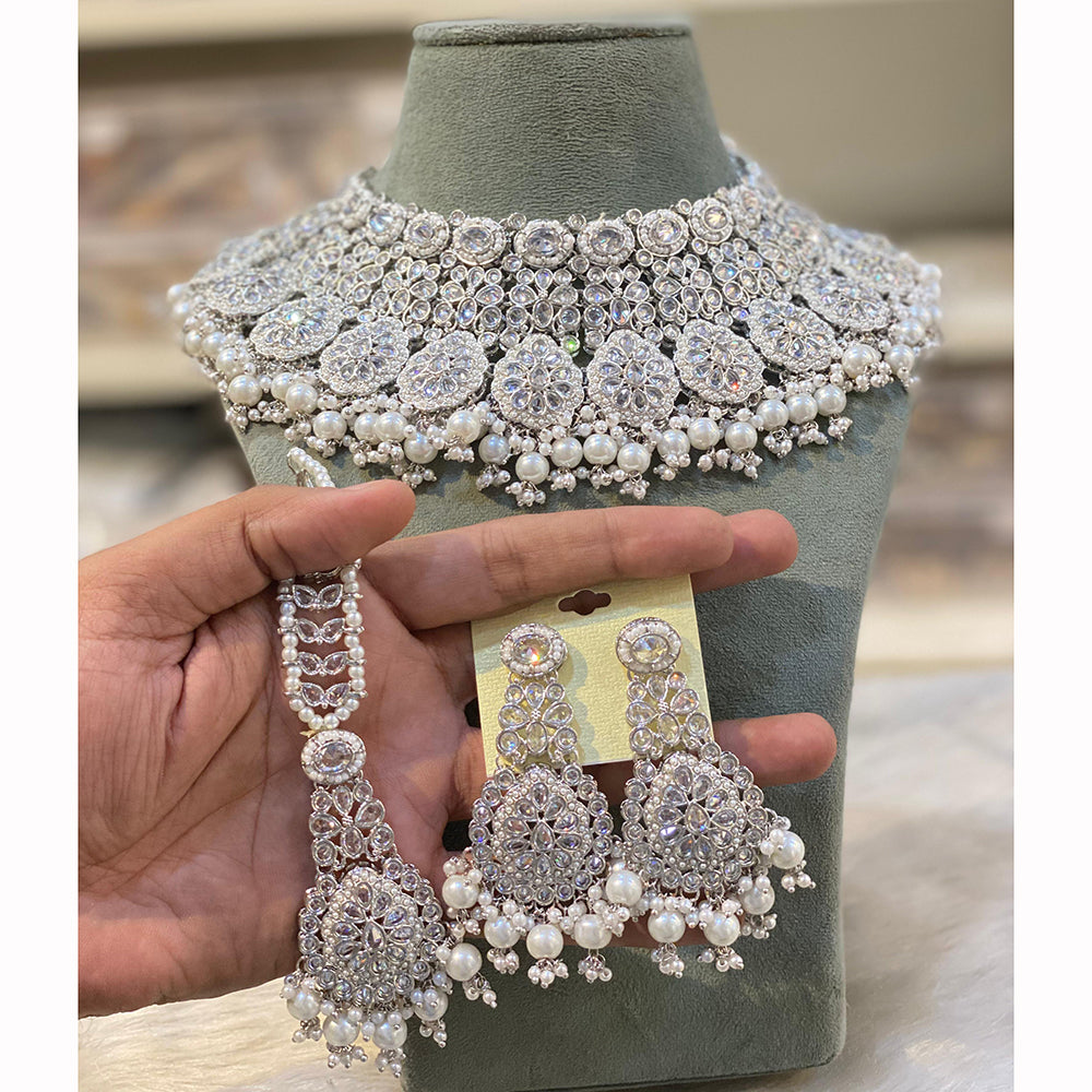 Hira Collections Designer Crystal Stone And Pearl Choker Necklace Set