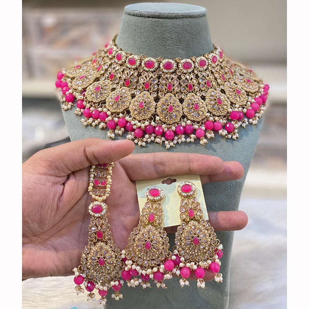 Hira Collections Designer Crystal Stone And Pearl Choker Necklace Set