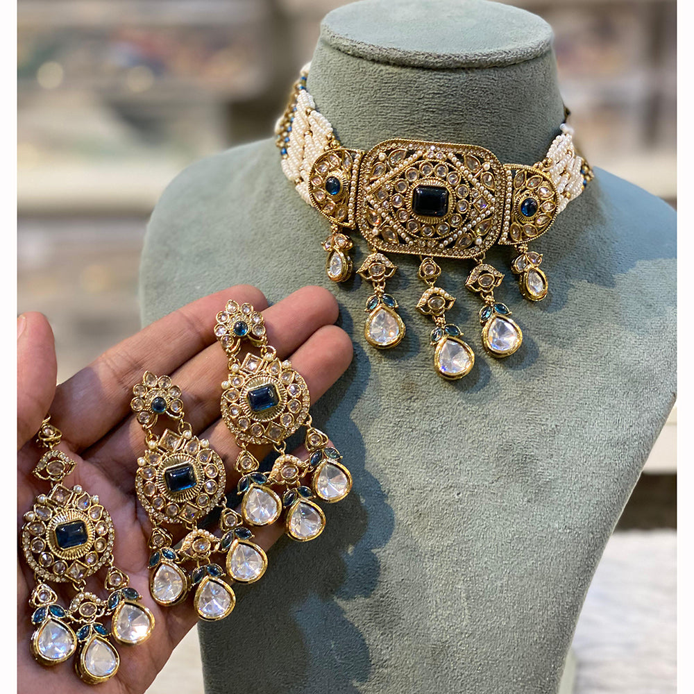 Hira Collection Sparkling Crystal And  Pearl Elegance Choker Necklace Set