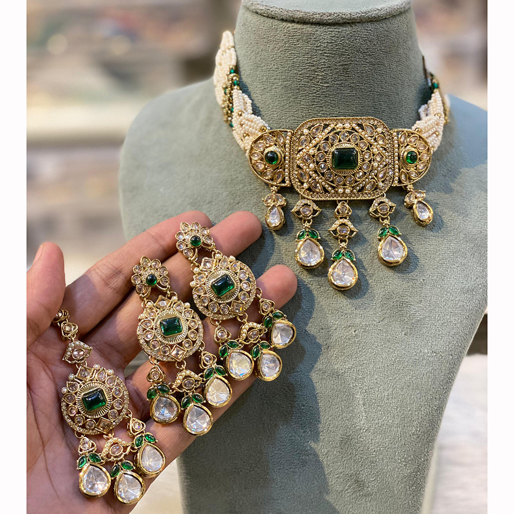 Hira Collection Sparkling Crystal And  Pearl Elegance Choker Necklace Set