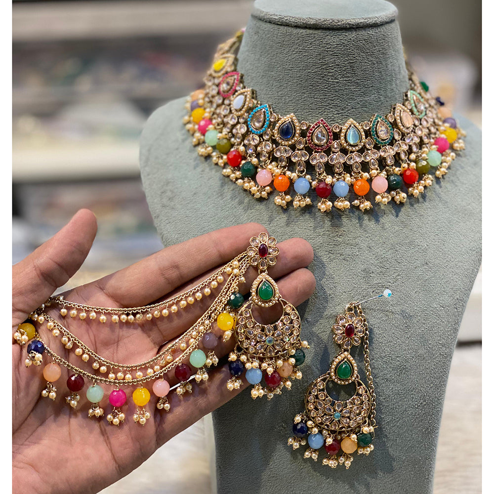 Hira Collections Premium Crystal Stone Pearl And Beads Choker Necklace Set