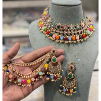 Hira Collections Premium Crystal Stone Pearl And Beads Choker Necklace Set