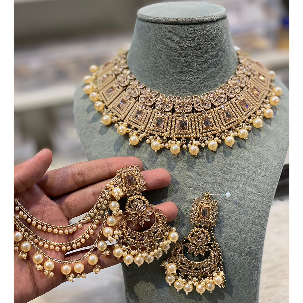 Hira Collections Premium Crystal Stone Pearl And Beads Choker Necklace Set