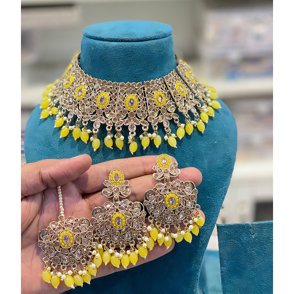 Hira Collection Crystal Stone And Beads Necklace Set With Maang Tikka