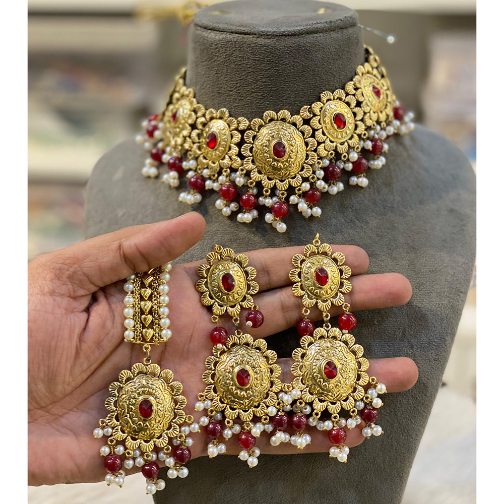 Hira Collection Crystal Stone And Beads Necklace Set With Maang Tikka