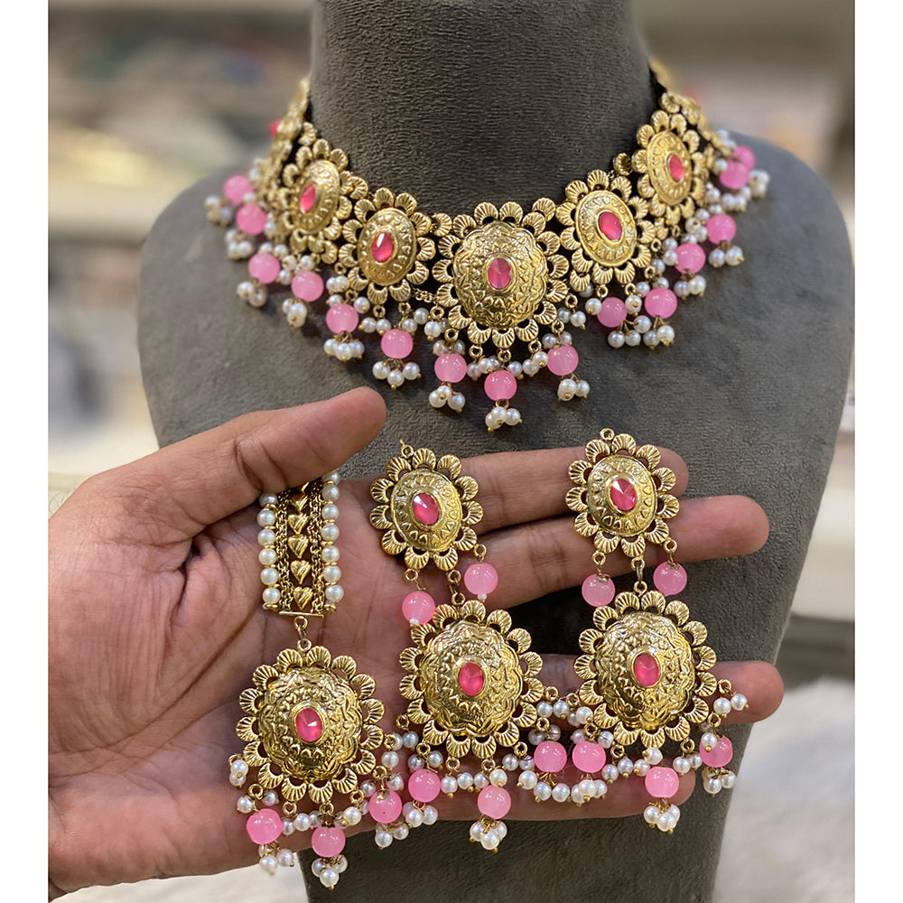 Hira Collection Crystal Stone And Beads Necklace Set With Maang Tikka