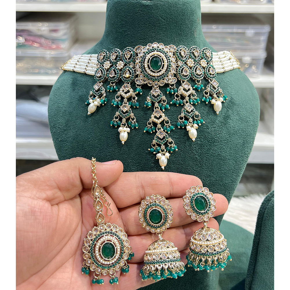 Hira Collection Crystal And Pearl Necklace Set With Maang Tikka