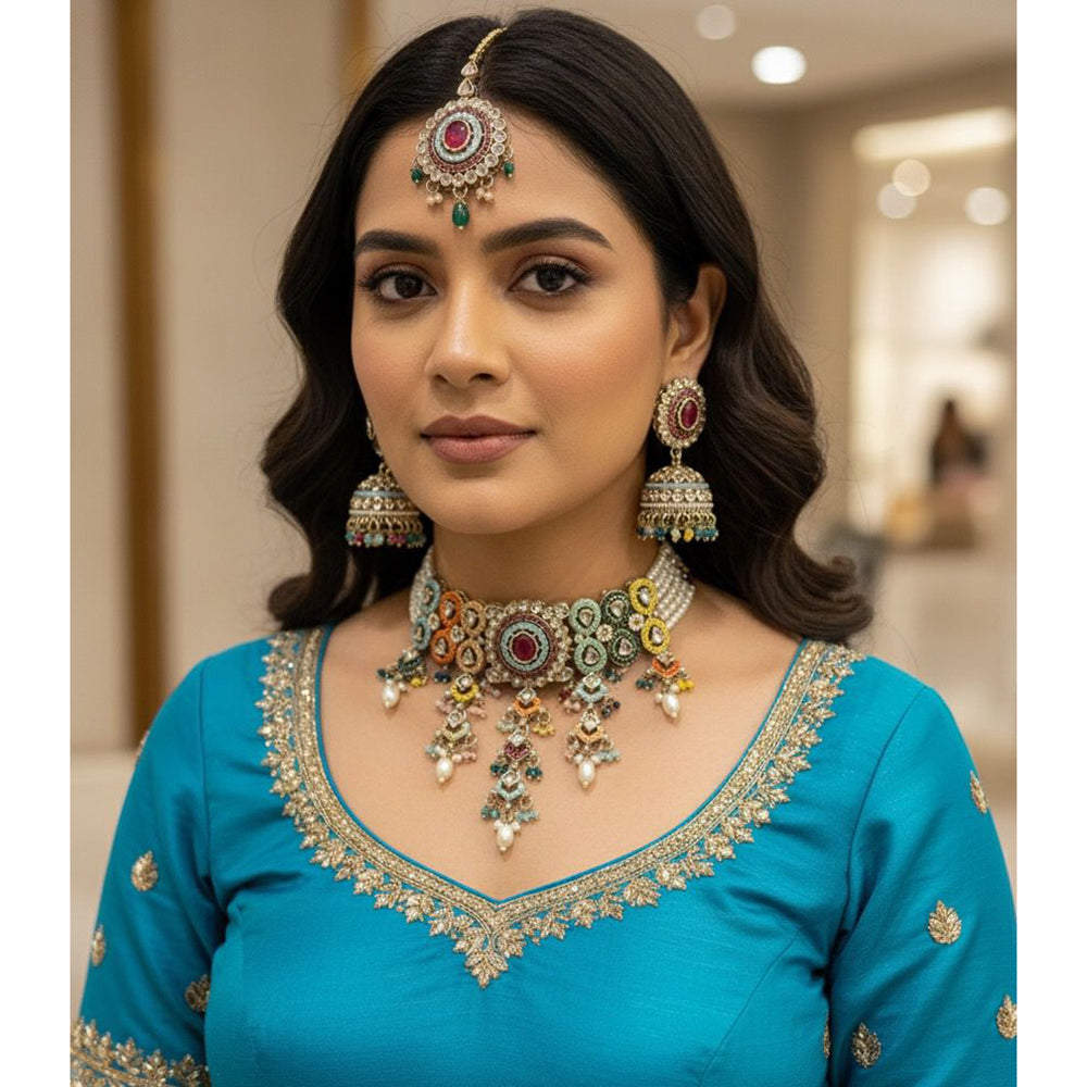 Hira Collection Crystal And Pearl Necklace Set With Maang Tikka