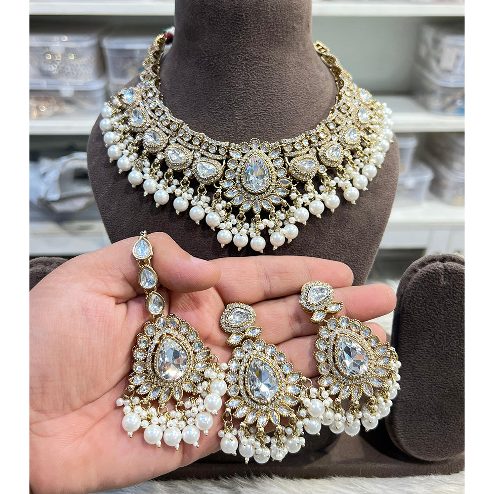Hira Collection Crystal And Beads Necklace Set With Maang Tikka