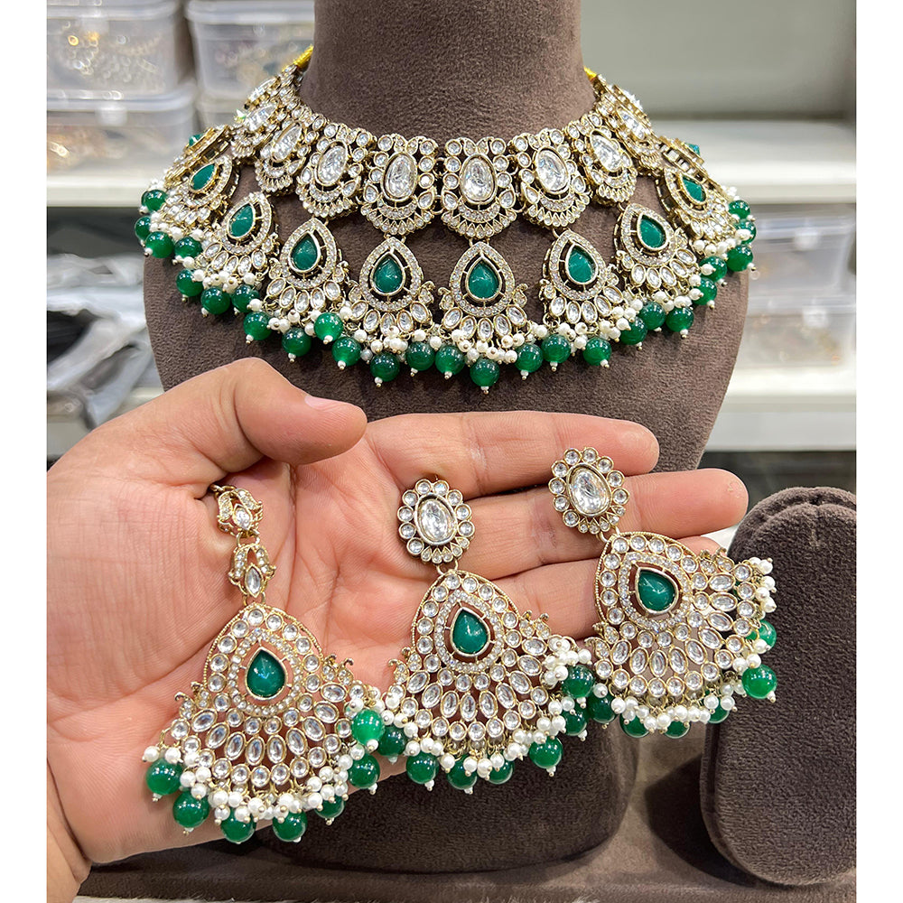 Hira Collection Crystal And Beads Necklace Set With Maang Tikka