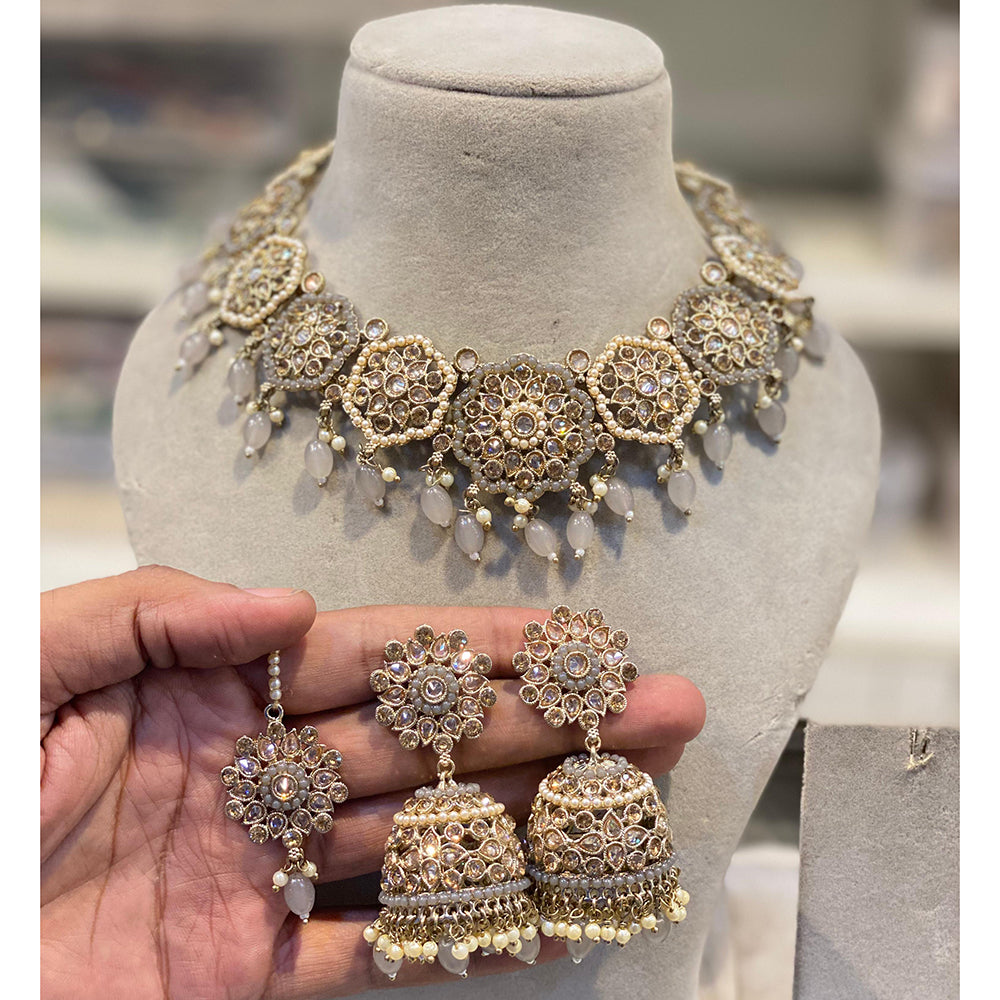Hira Collection Crystal And Pota Stone Necklace Set With Maang Tikka