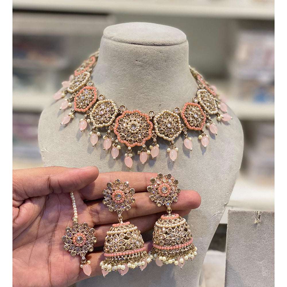 Hira Collection Crystal And Pota Stone Necklace Set With Maang Tikka