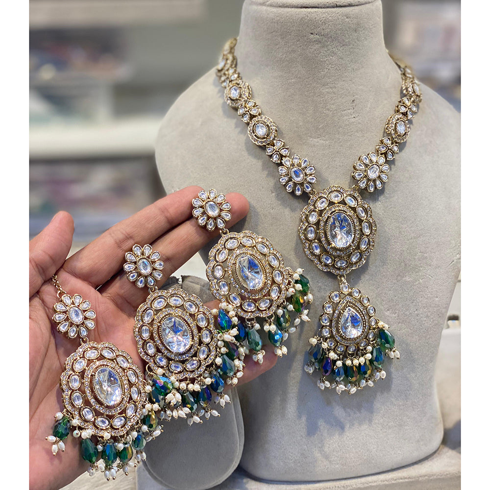 Hira Collection Crystal Stone And Beads Necklace Set With Maang Tikka