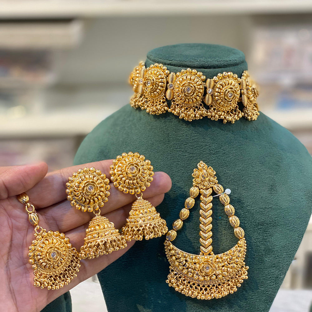 Hira Collection Gold Plated Earrings With Maang Tikka And Pasa