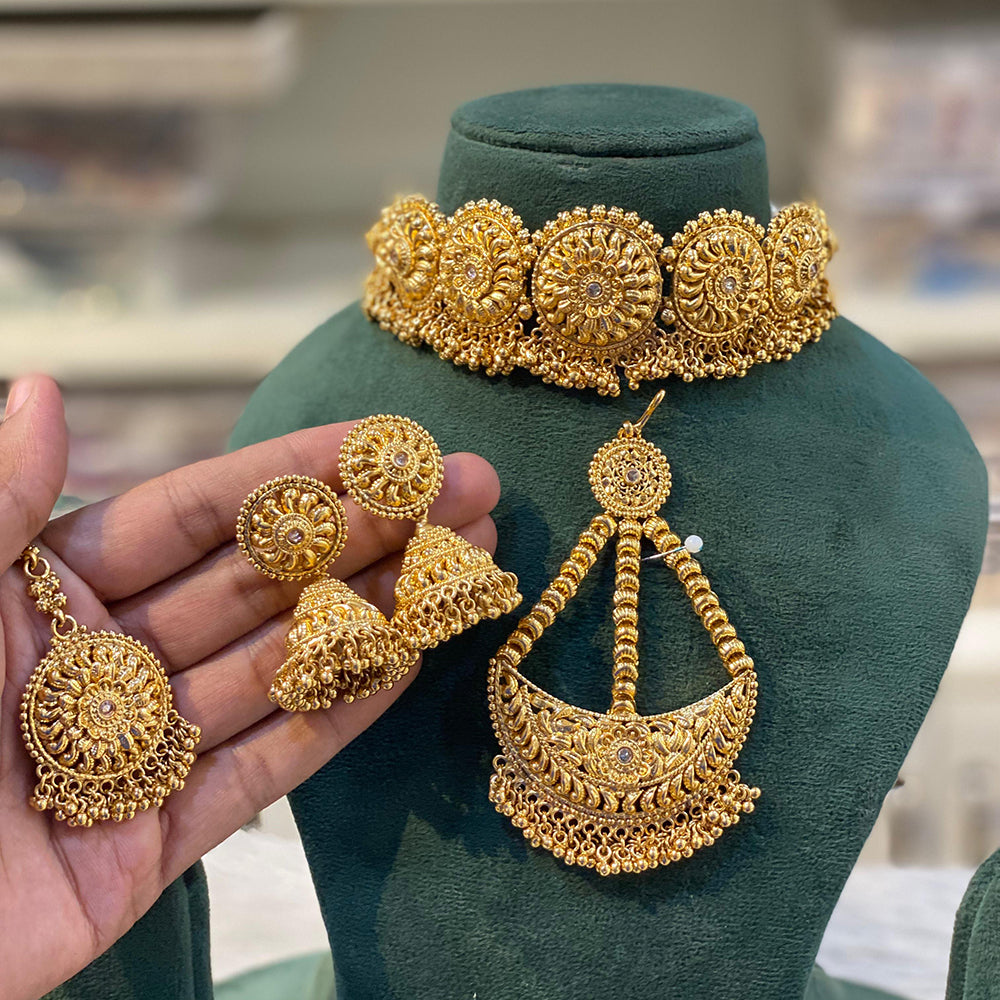 Hira Collection Gold Plated Earrings With Maang Tikka And Pasa