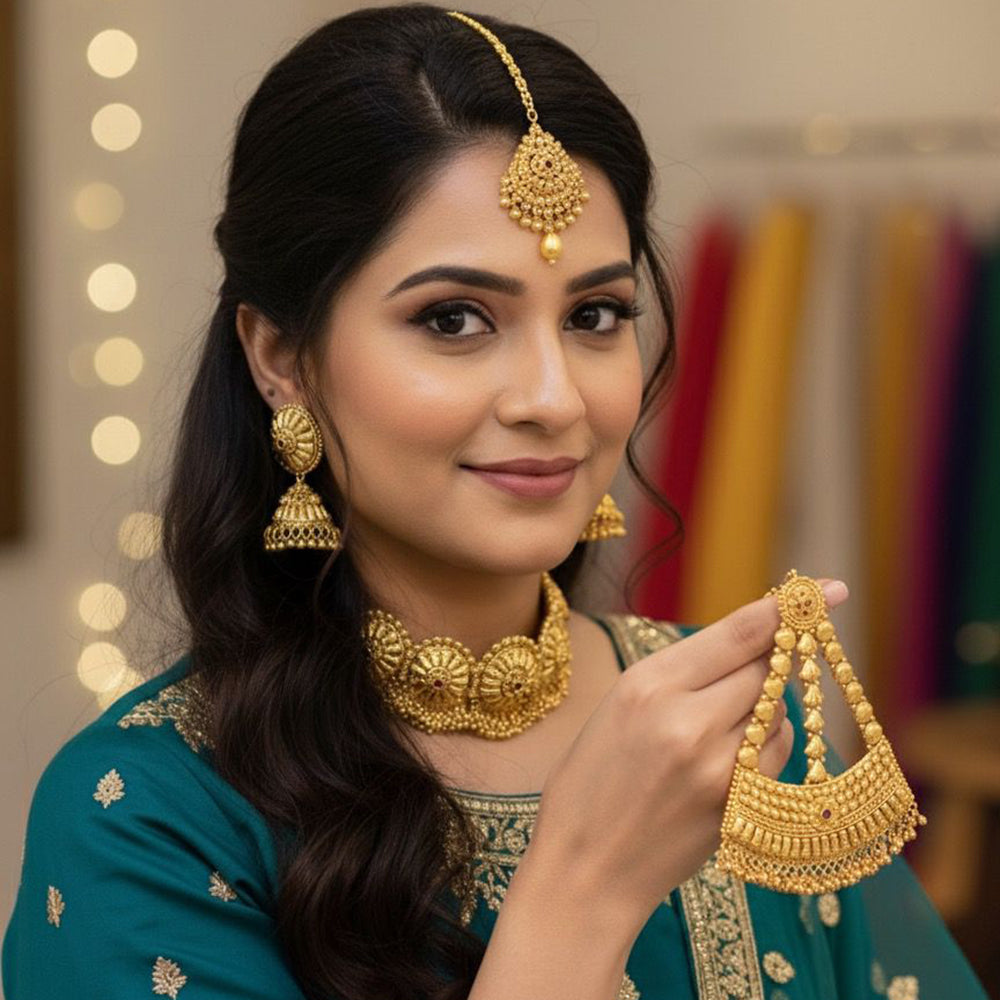 Hira Collection Gold Plated Earrings With Maang Tikka And Pasa