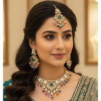 Hira Collection Crystal And Austrian Stone Necklace Set With Maang Tikka