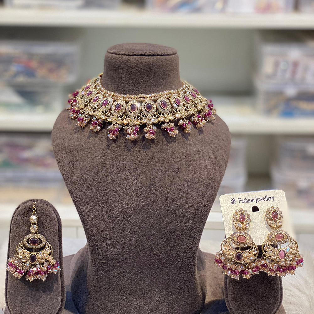 Hira Collections Sparkling Crystal And Pearl Choker Necklace Set