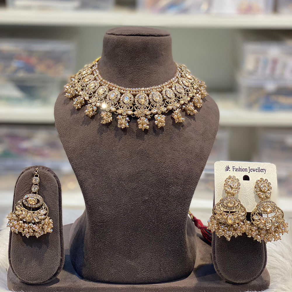 Hira Collections Sparkling Crystal And Pearl Choker Necklace Set