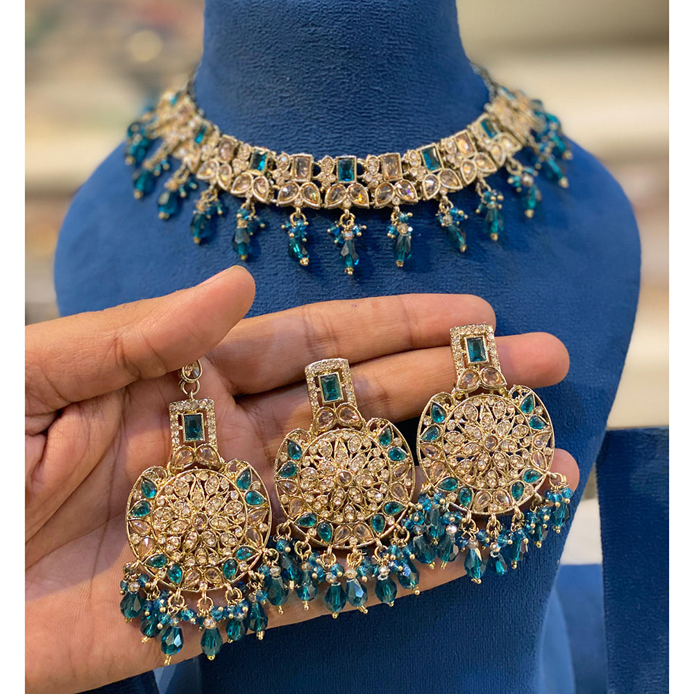 Hira Collections Sparkling Crystal And Pearl Choker Necklace Set