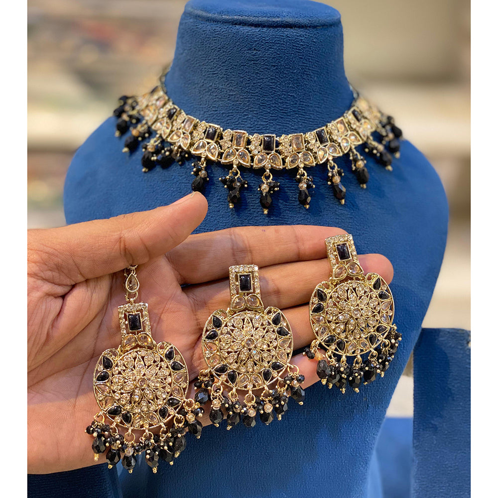 Hira Collections Sparkling Crystal And Pearl Choker Necklace Set