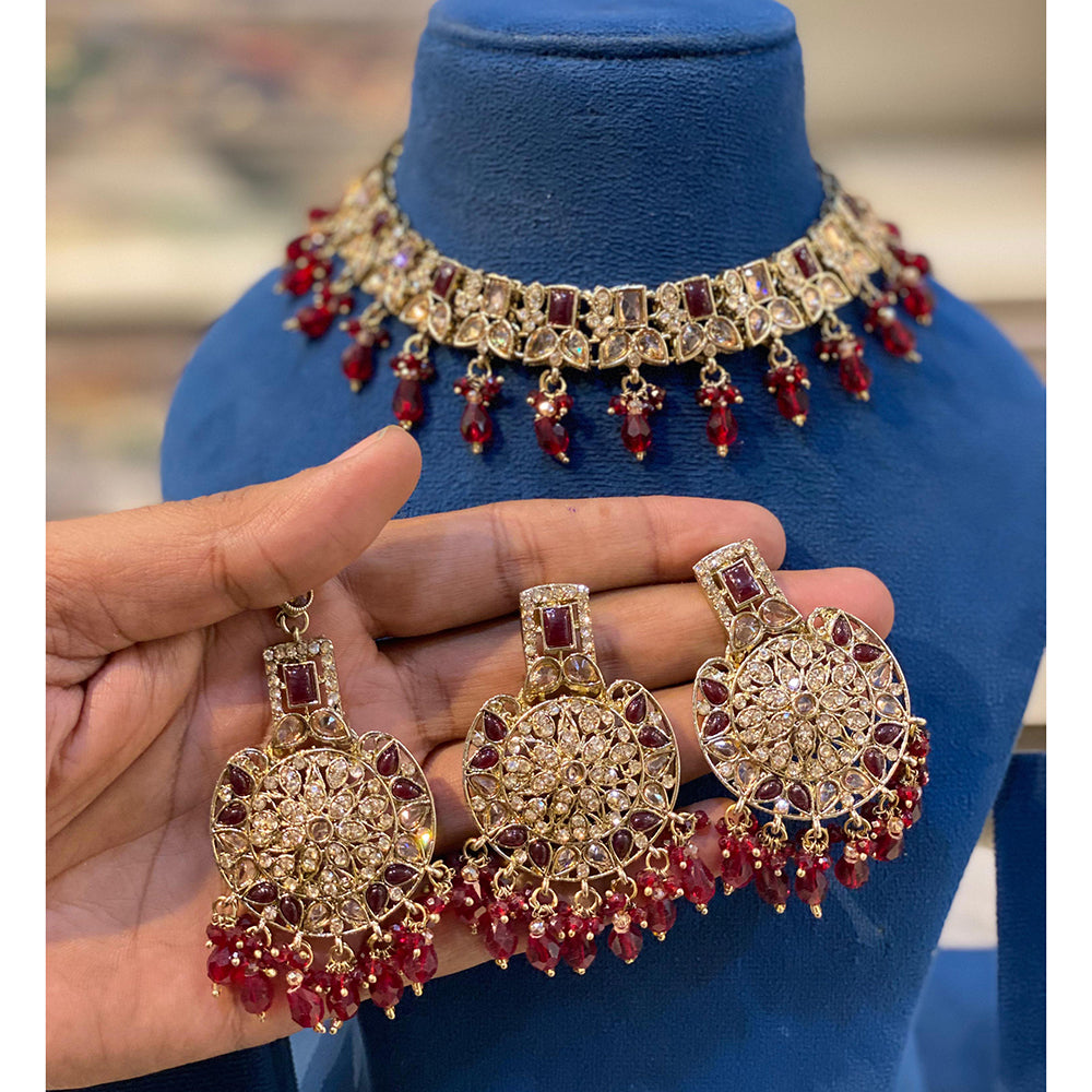 Hira Collections Sparkling Crystal And Pearl Choker Necklace Set