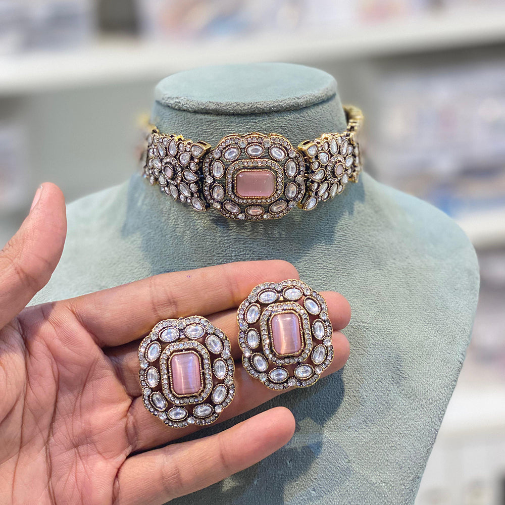 Hira Collections Glam Pota Stone And Austrian Stone Choker Necklace Set