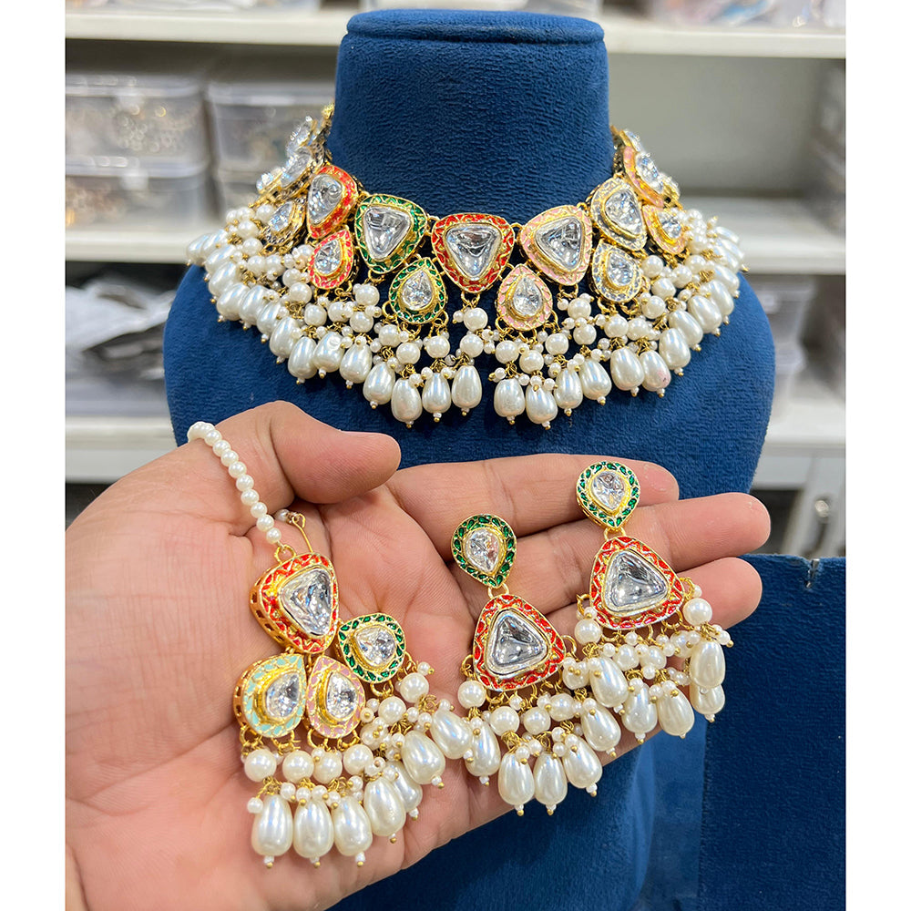Hira Collections Glam Kundan Stone And Pearl Meenakari Choker Necklace Set