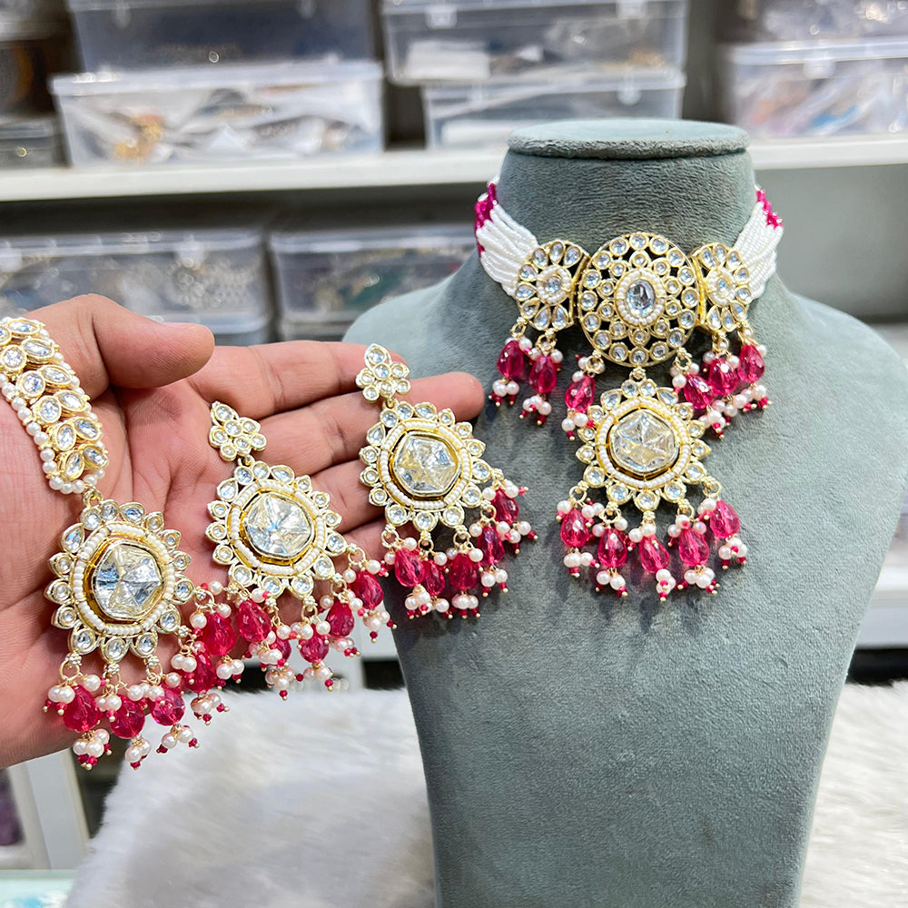Hira Collections Glam Kundan Stone And Beads Choker Necklace Set