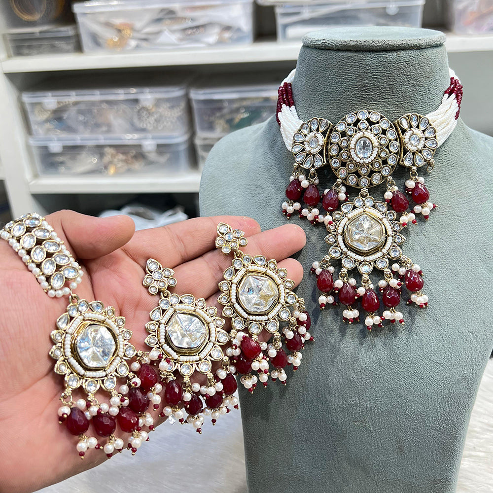 Hira Collections Glam Kundan Stone And Beads Choker Necklace Set