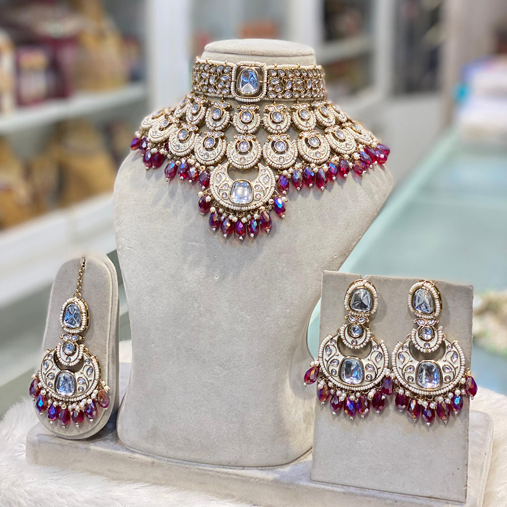Hira Collections Glam Kundan Stone And Pearl Meenakari Choker Necklace Set