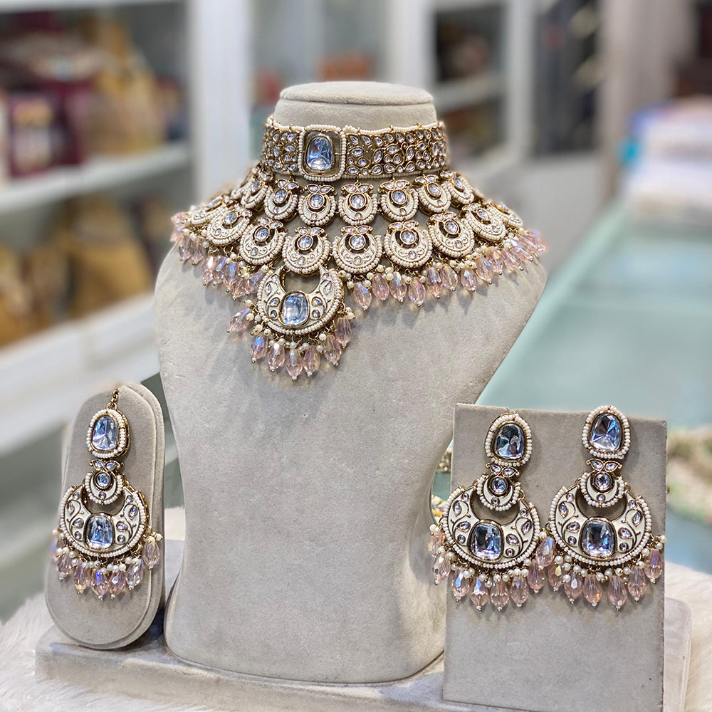 Hira Collections Glam Kundan Stone And Pearl Meenakari Choker Necklace Set