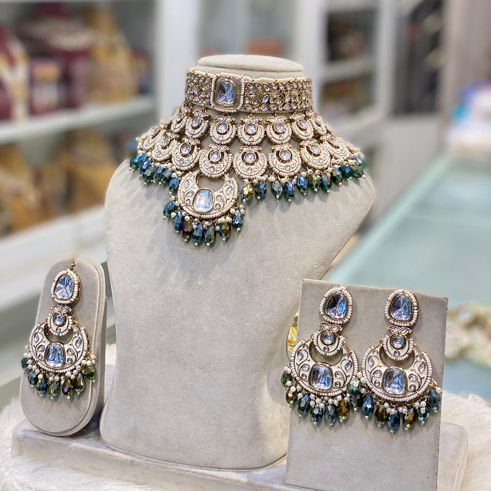 Hira Collections Glam Kundan Stone And Pearl Meenakari Choker Necklace Set