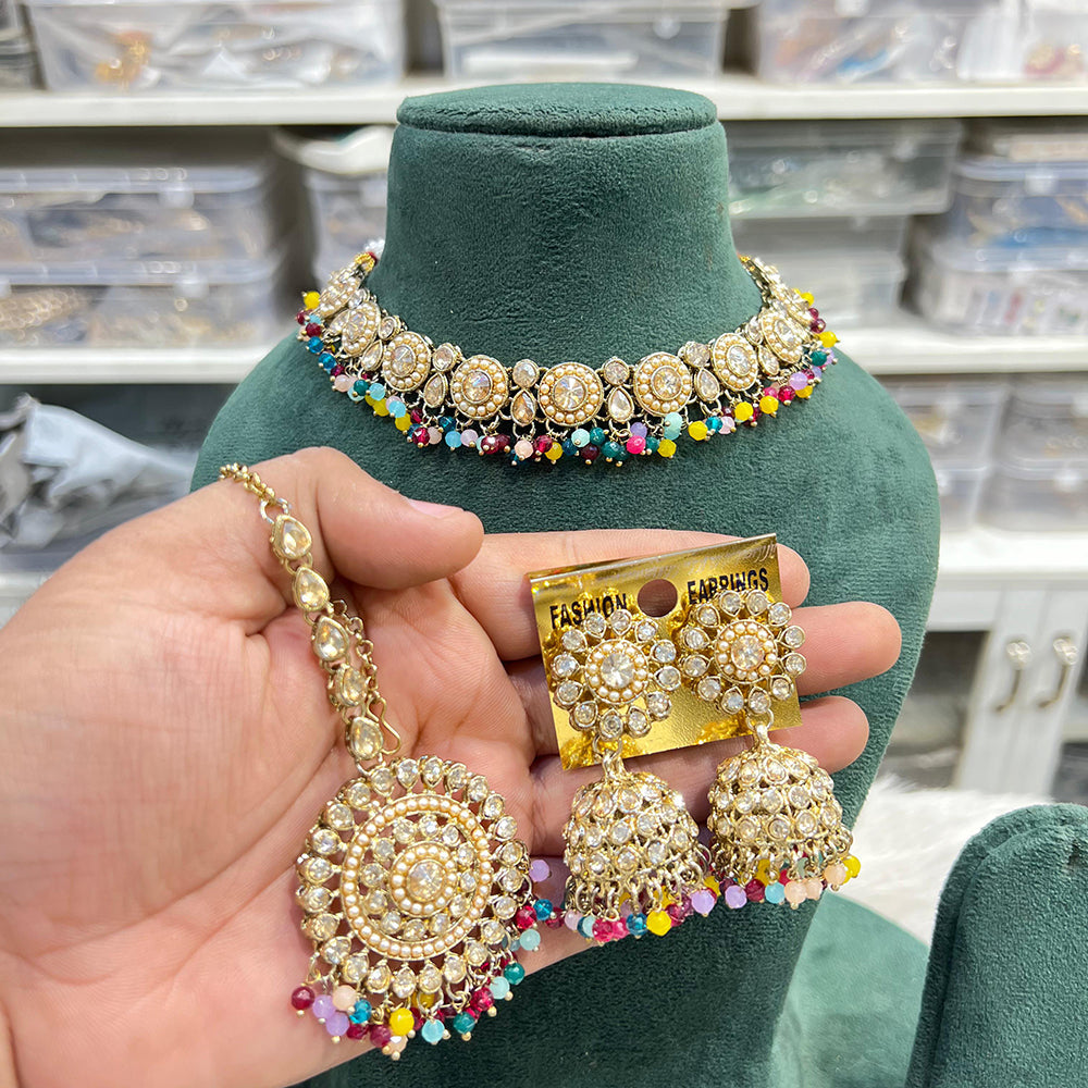 Hira Collections Crystal Stone And Pearl Designer Necklace Set