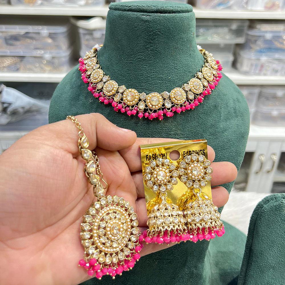 Hira Collections Crystal Stone And Pearl Designer Necklace Set