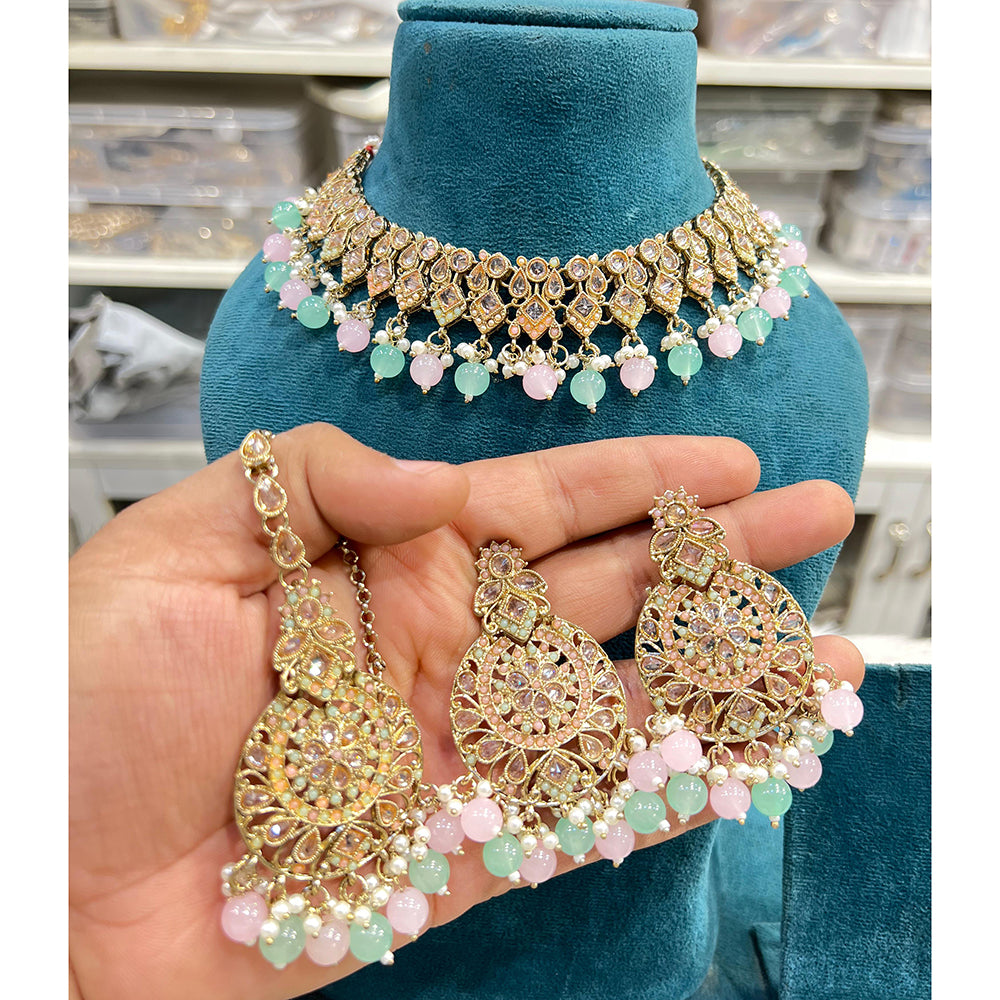 Hira Collections Crystal Stone And Pearl Designer Necklace Set