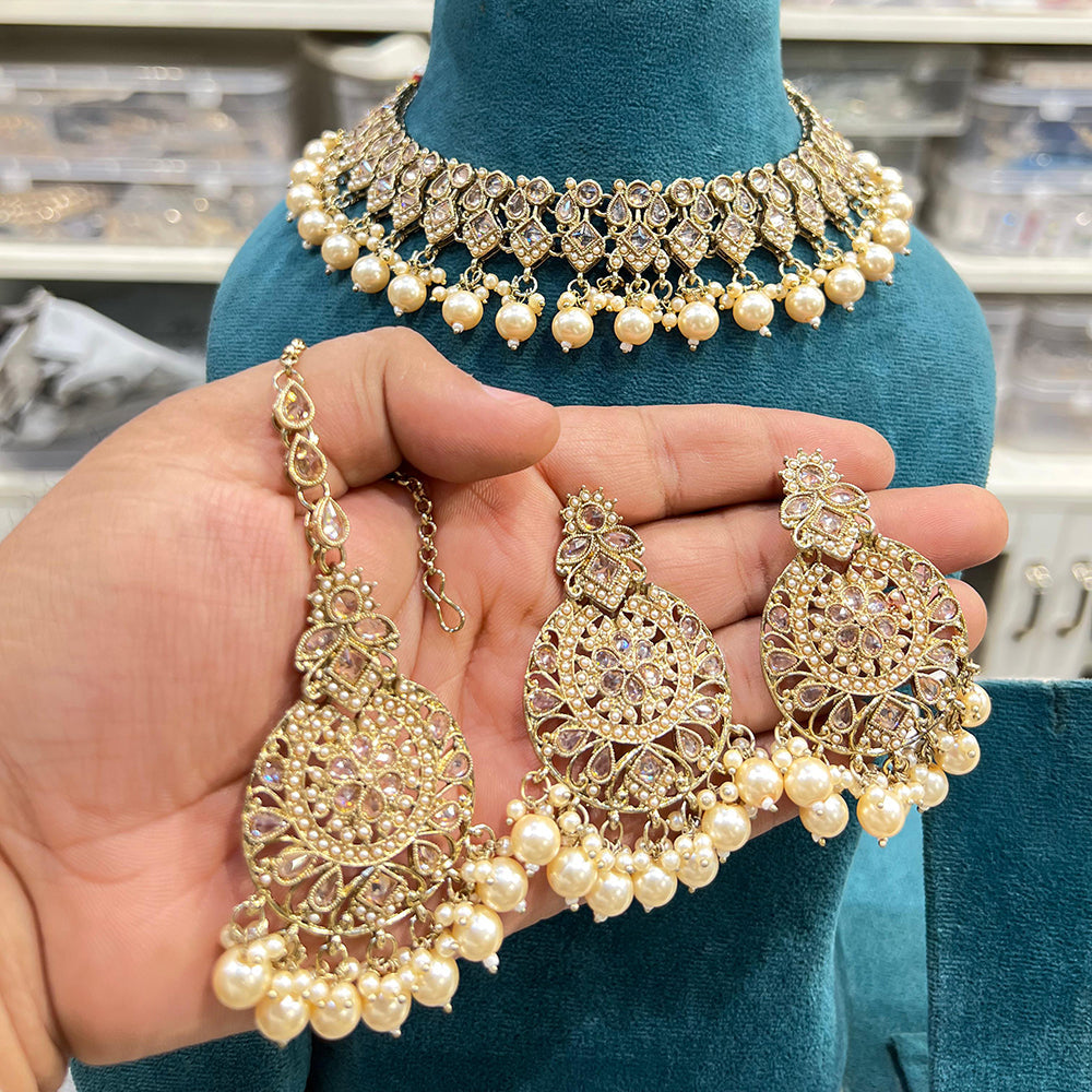 Hira Collections Crystal Stone And Pearl Designer Necklace Set
