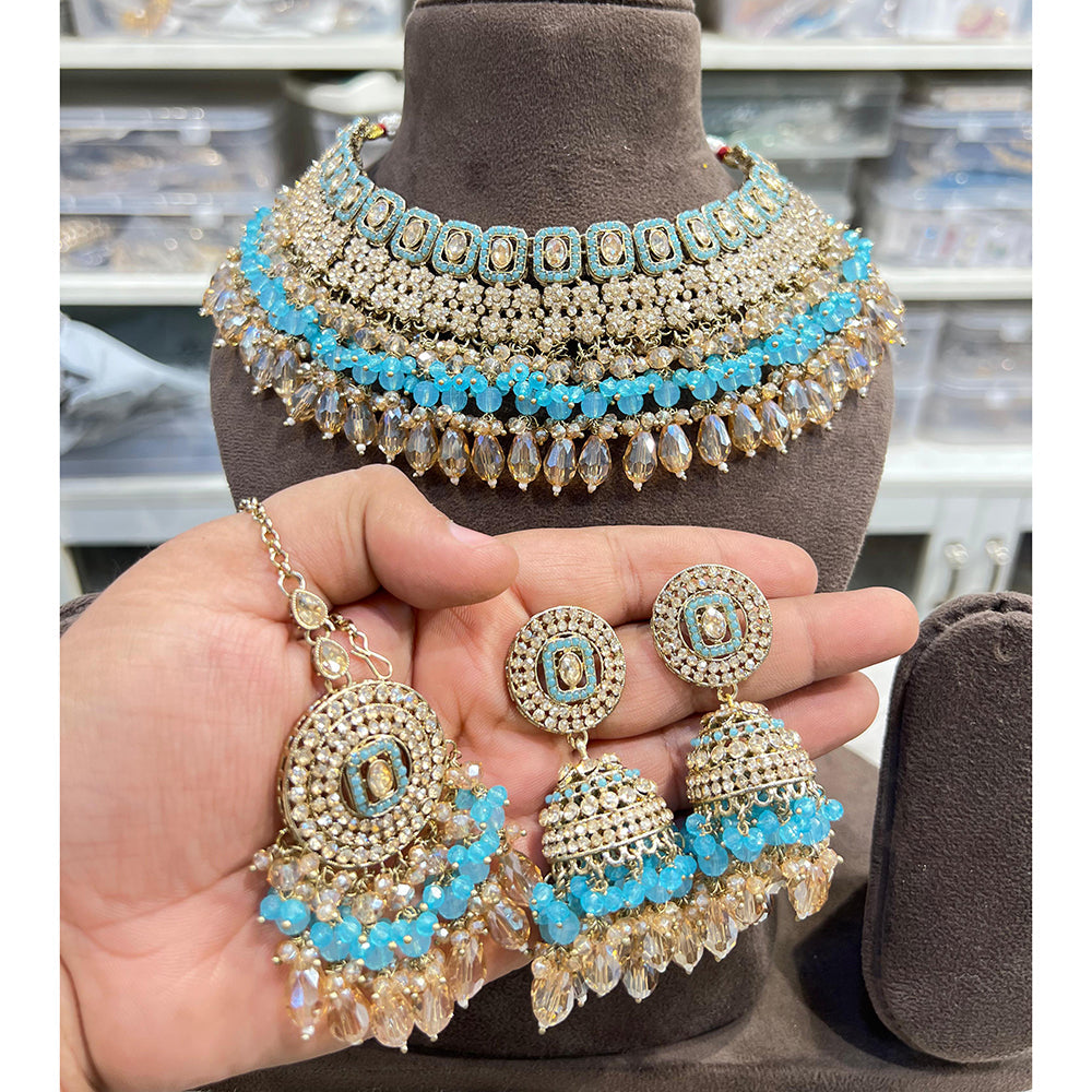 Hira Collections Crystal Stone And Pearl Designer Choker Necklace Set