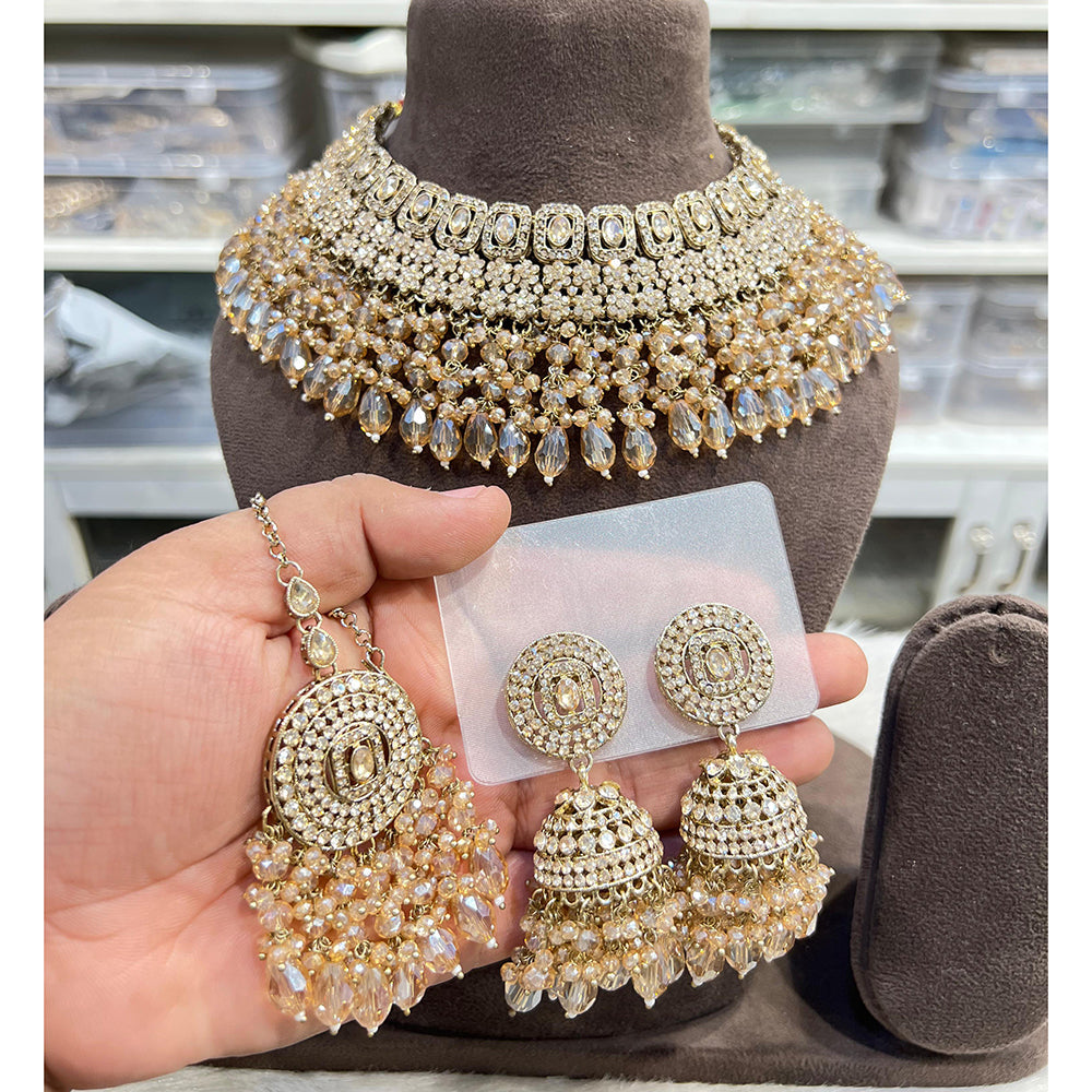 Hira Collections Crystal Stone And Pearl Designer Choker Necklace Set