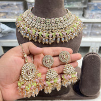 Hira Collections Crystal Stone And Pearl Designer Choker Necklace Set