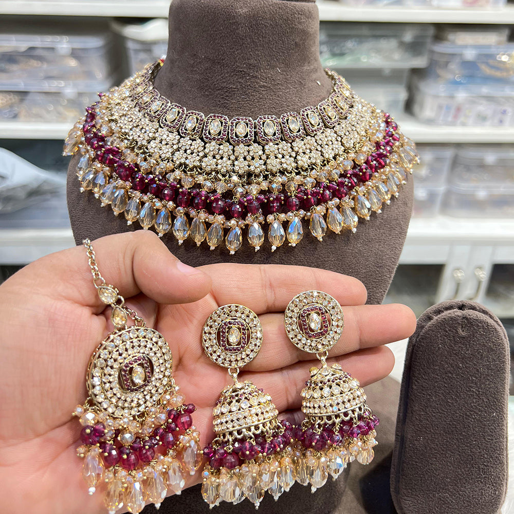 Hira Collections Crystal Stone And Pearl Designer Choker Necklace Set