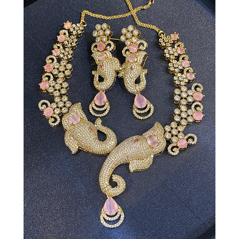 Hira Collections Grand Ganesha Motif American Diamond Necklace Set
