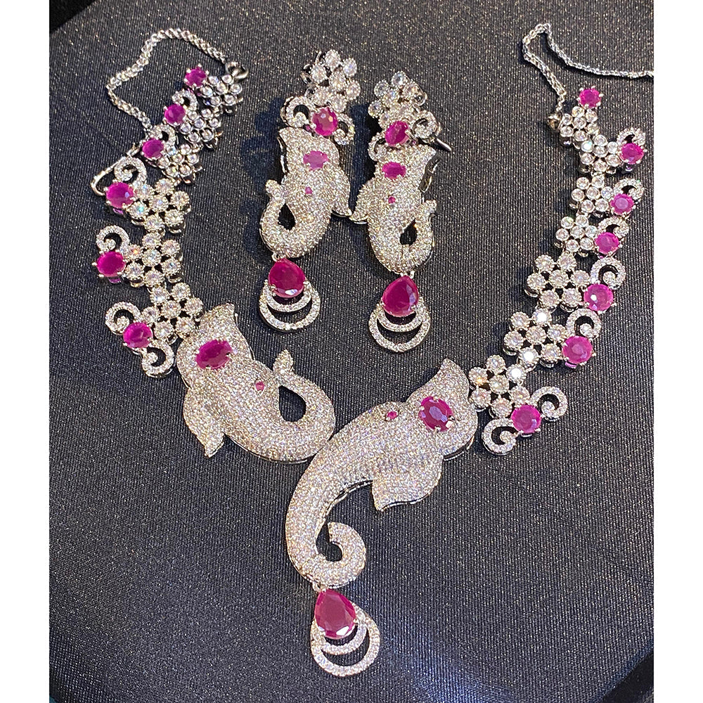 Hira Collections Grand Ganesha Motif American Diamond Necklace Set