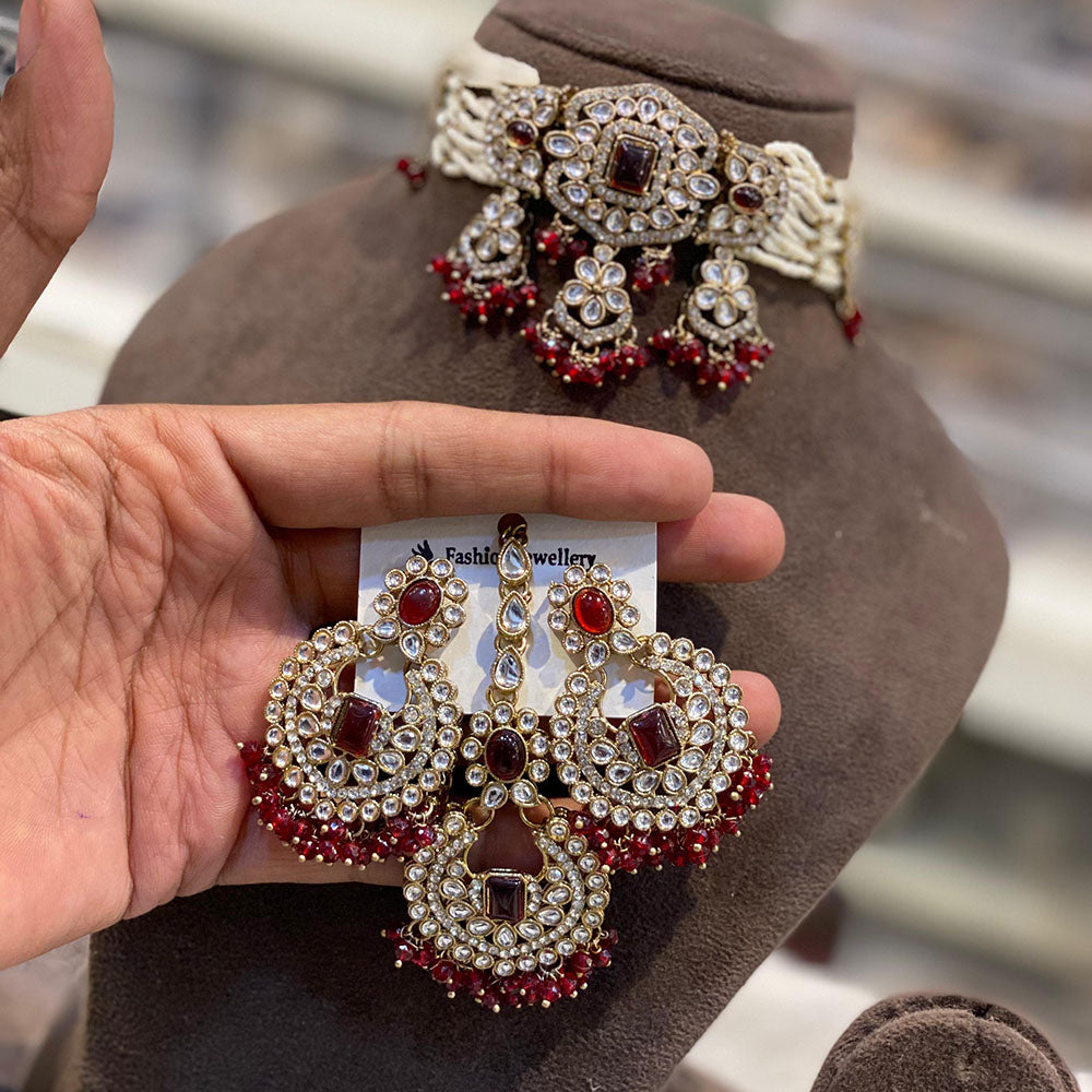 Hira Collections Royal Kundan Stone And Pearl Choker Necklace Set