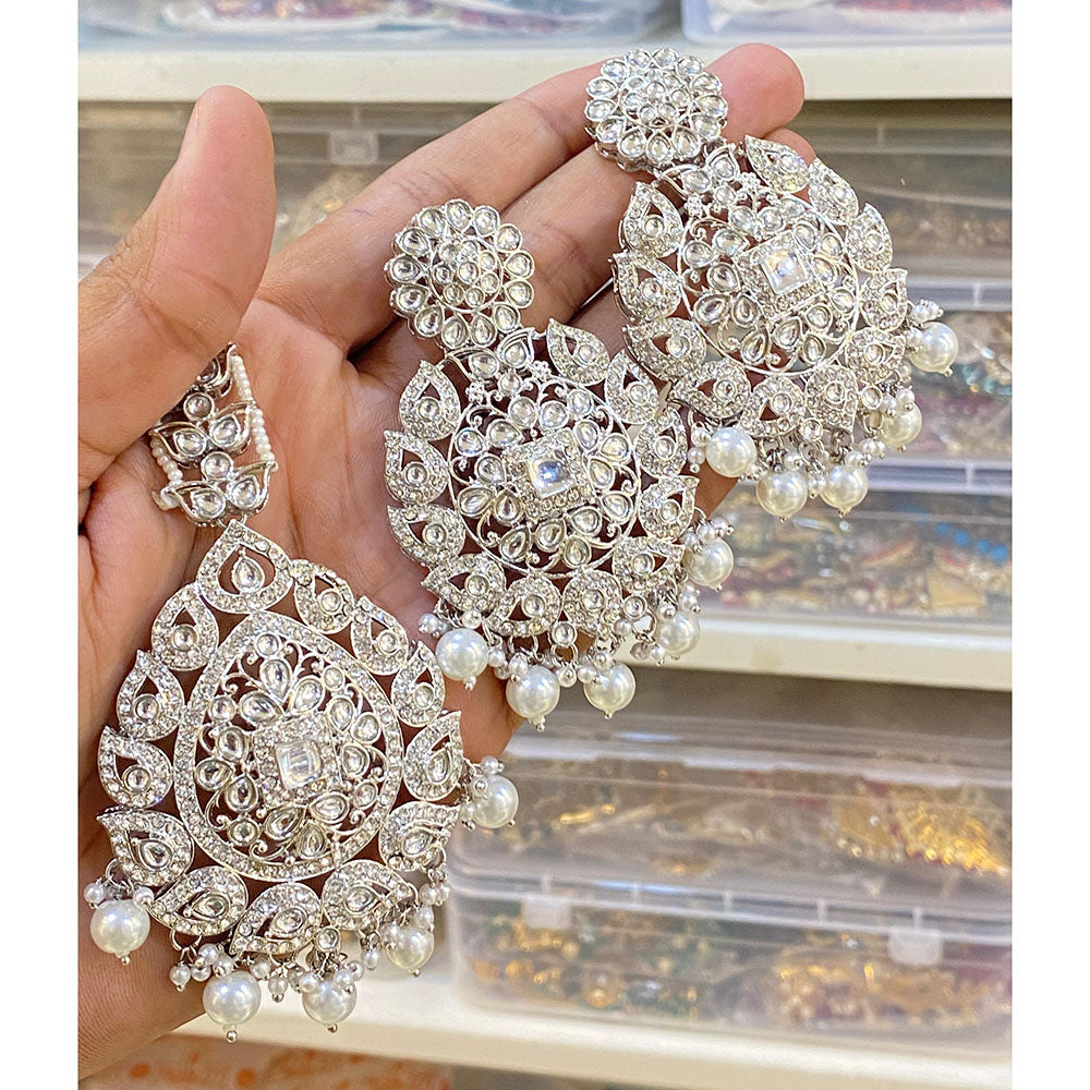 Hira Collection Rhodium Plated Kundan Stone And Pearl Dangler Earring With Maangtikka