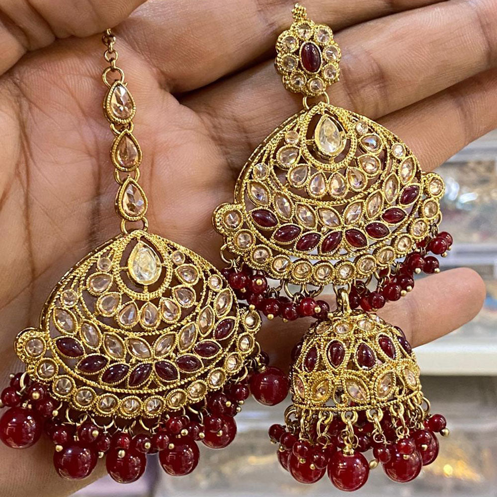 Hira Collections Designer Crystal Stone And Beads Jhumki Earrings With Maangtikka