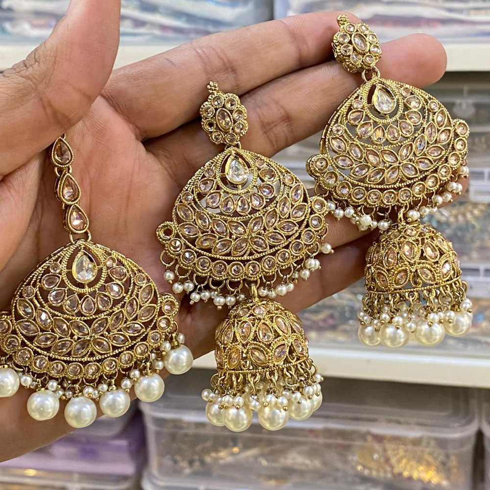 Hira Collections Designer Crystal Stone And Beads Jhumki Earrings With Maangtikka