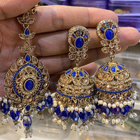Hira Collections Designer Crystal Stone And Beads Jhumki Earrings With Maangtikka